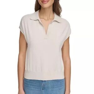 DKNY Cream Modern Fit Sleeveless Collared Sweater XXL